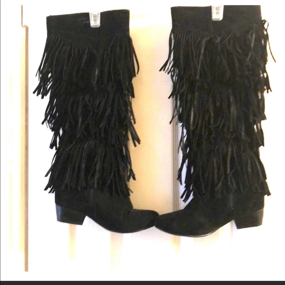 Women’s black fringe knee high boots